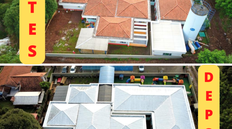 Manta asfáltica no telhado da Escola Municipal de Ensino Infantil Sonho Encantado.